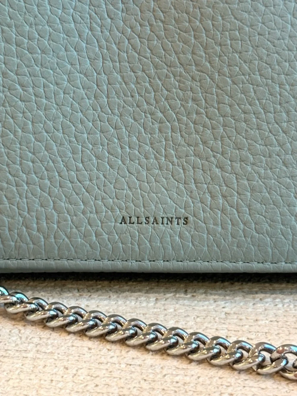 AllSaints Sage Green Pebbled Leather “Fetch” Crossbody Bag with Chain Strap - Picture 4 of 12